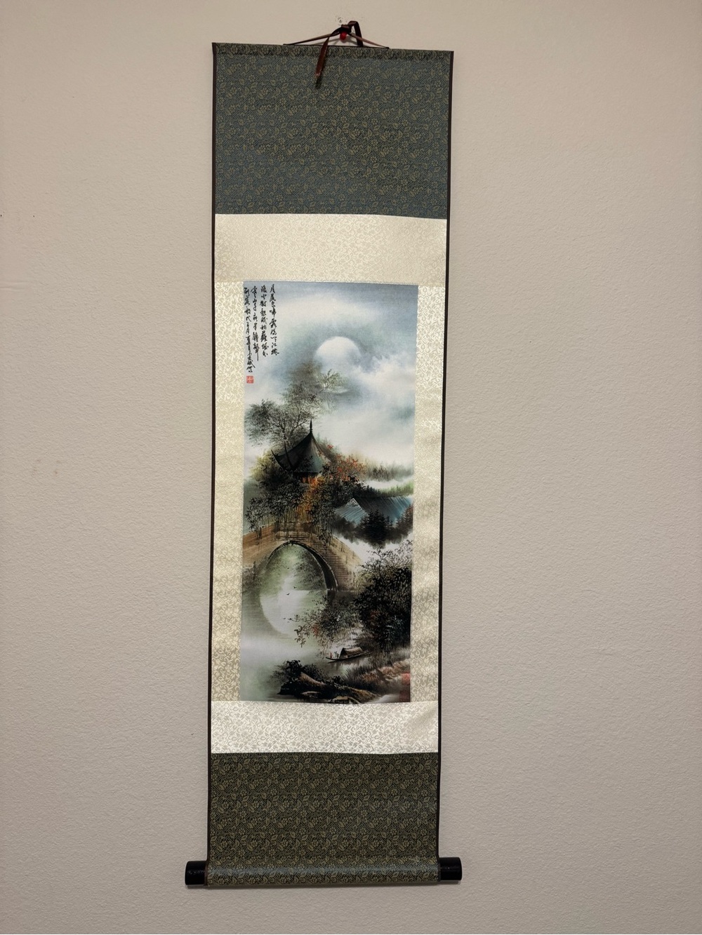 Tranquil Landscape Wall Tapestry in Green and Cream